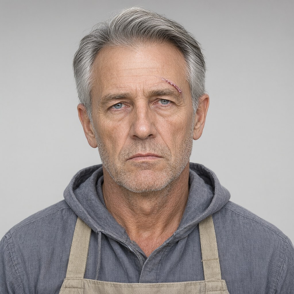 Close-up head-and-shoulders portrait, facing the camera squarely, unimpressed closed-mouth expression, plain light-grey studio background, soft even frontal light, grey ch.