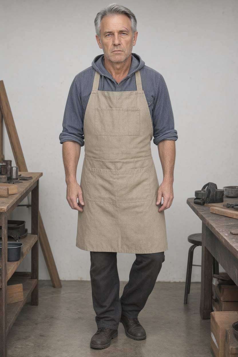 Full length beside the workbench, weight on one leg, arms loose at his sides, facing the camera, grey chambray work shirt with rolled sleeves, canvas apron, plain dark trousers, warm work.