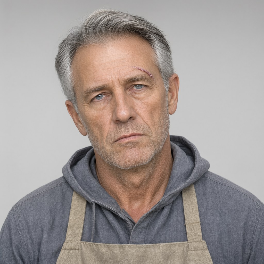 Close-up portrait, head tilted a few degrees to his right, eyes on the lens, neutral expression, plain light-grey background, soft even light, grey chambray work shirt.