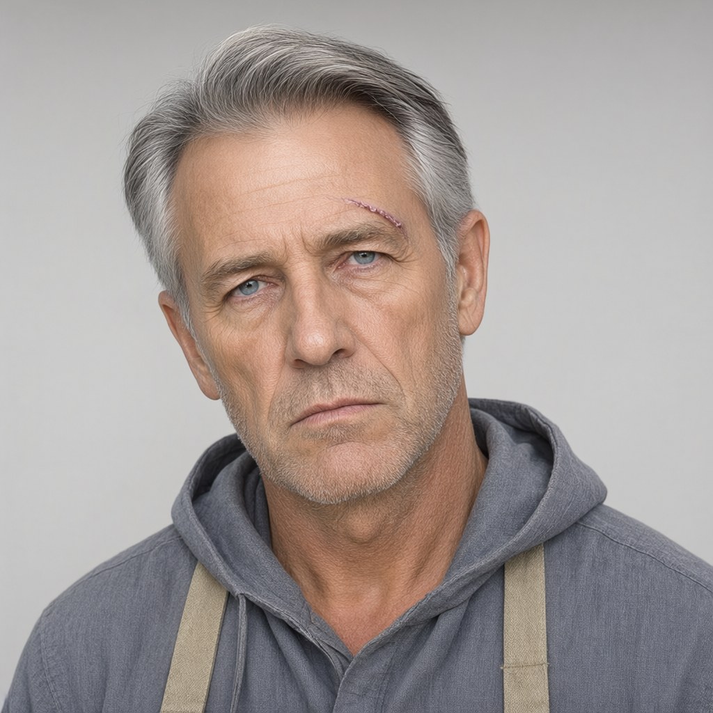 Close-up portrait, head turned about fifteen degrees to his left with the eyes still on the camera, the pale scar through the left eyebrow clearly visible, calm expression, plain background.