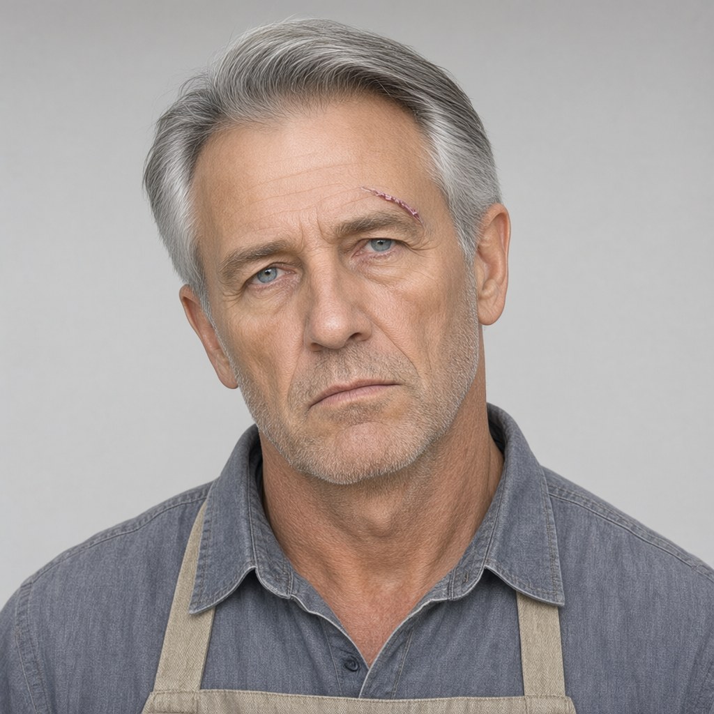 Close-up portrait, head turned about fifteen degrees to his right with the eyes on the camera, calm expression, plain background, soft even daylight, grey chambray collar.
