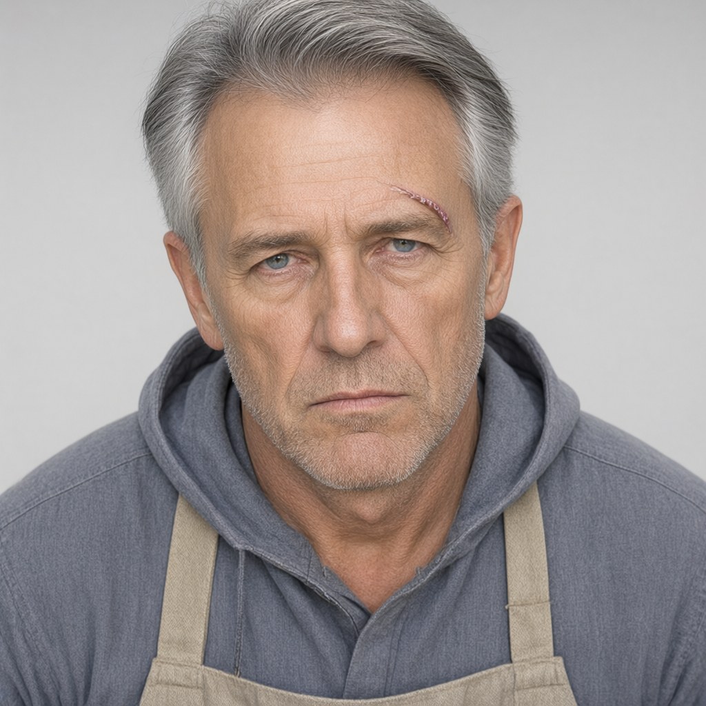 Close-up portrait from slightly above eye level, looking up into the lens, neutral expression, plain light-grey background, soft even light.