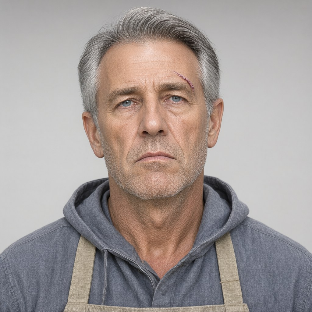 Close-up portrait from slightly below eye level, looking down into the lens, heavy brow catching the light, neutral expression, plain light-grey background, soft even light.