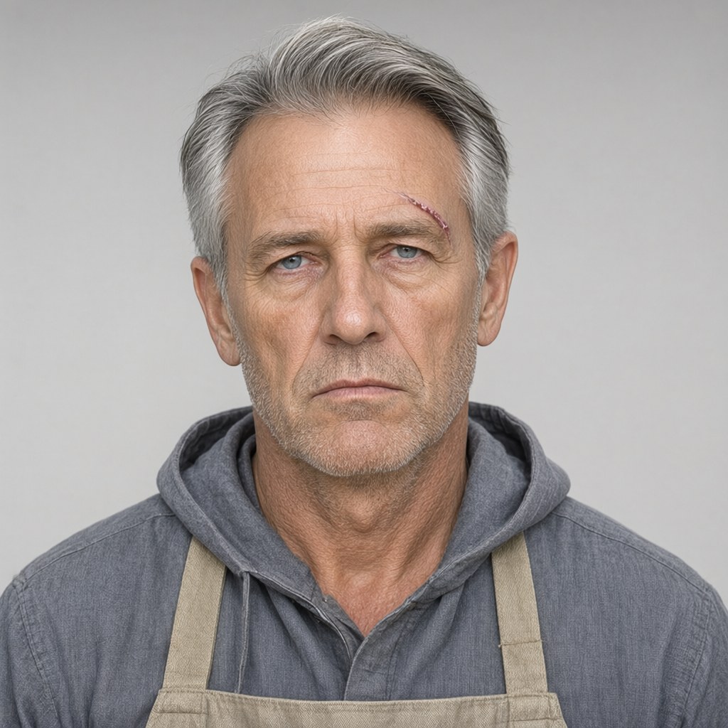 Close-up portrait facing the camera, brows drawn down as if reading something he does not agree with, mouth closed, plain light-grey background, soft even frontal light.