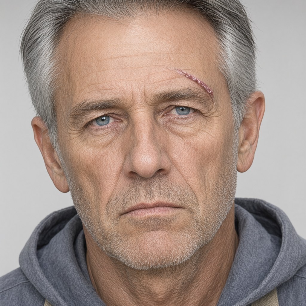 Tight close-up of the upper face, eyes on the lens, the pale scar splitting the left eyebrow and the deep lines at the eyes sharp in the frame, plain background, soft even light.
