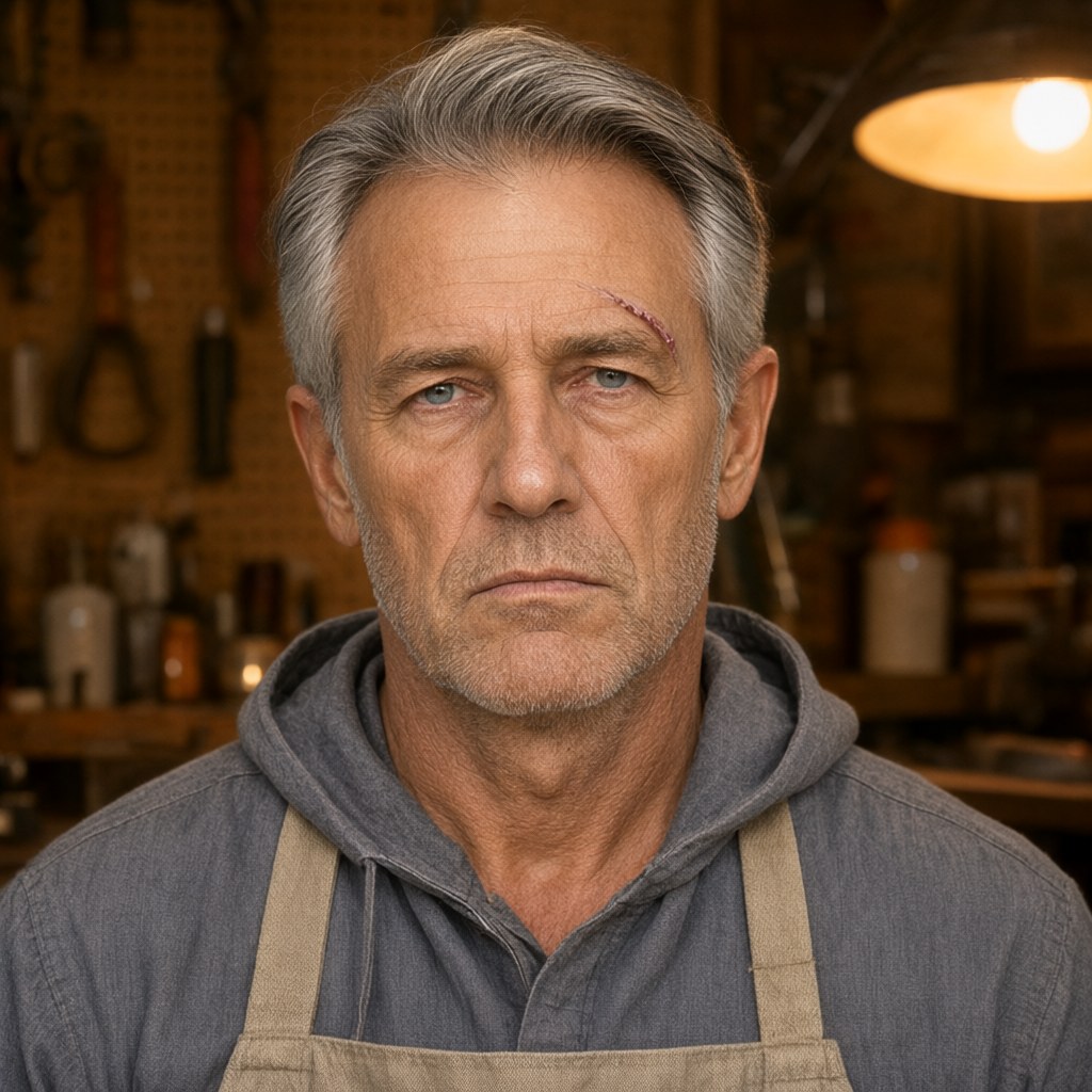 Close-up portrait at the workbench under a warm tungsten work lamp, face to camera, mouth closed, pegboard softly out of focus behind him, grey chambray work shirt and canvas apron straps.
