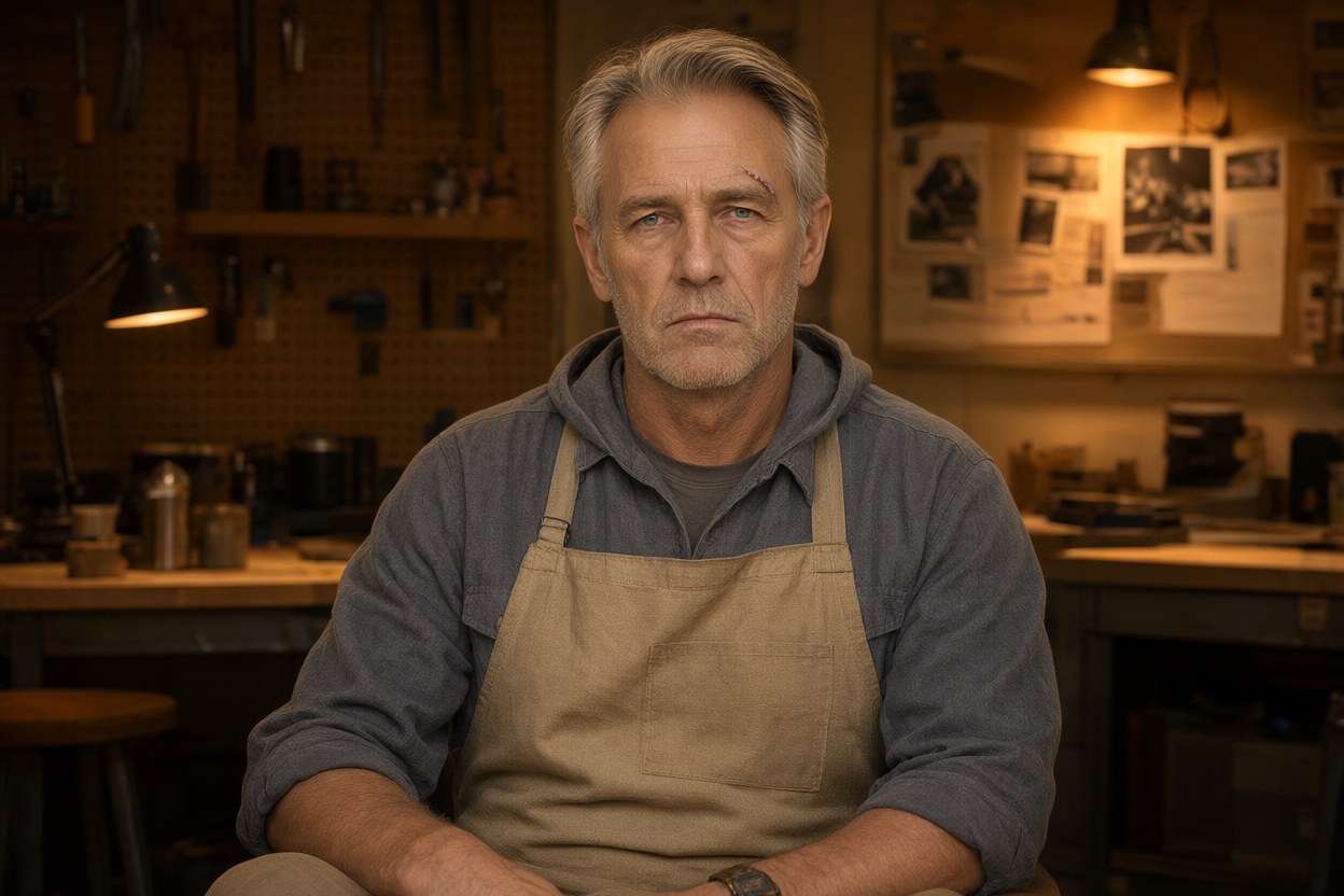 At the workbench in the warm lamp light, leaning back with his hands in his lap, looking at the camera, the pegboard wall and the corkboard of pinned prints both visible, grey chambray work.