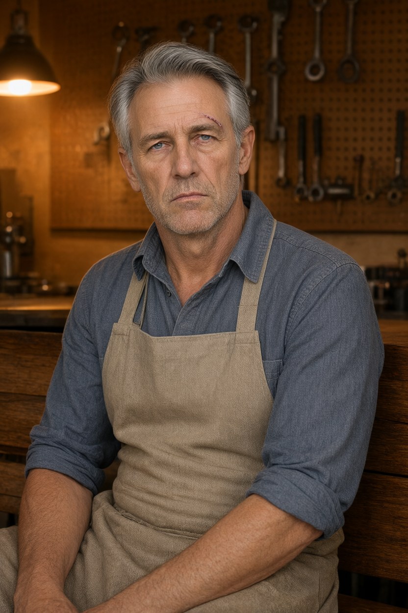 Waist-up medium shot at the long wooden bench, turned slightly toward the camera with his face to the lens, warm tungsten lamp from the left, pegboard behind, grey chambray work shirt with ro.