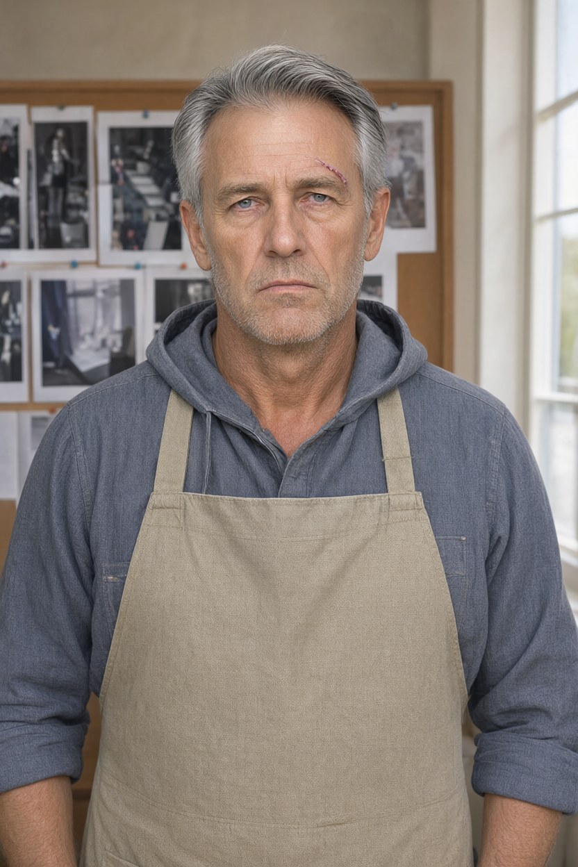 Waist-up medium shot in front of a corkboard of pinned test prints, high side-window daylight, face to camera, mouth closed, grey chambray work shirt and canvas apron.