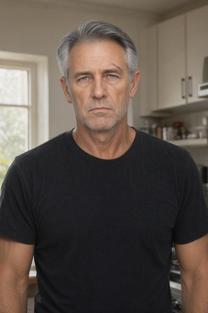 Waist-up medium shot in a plain morning kitchen, faded black tee, no apron, hair unbrushed, flat window light, holding nothing, looking just past the camera.