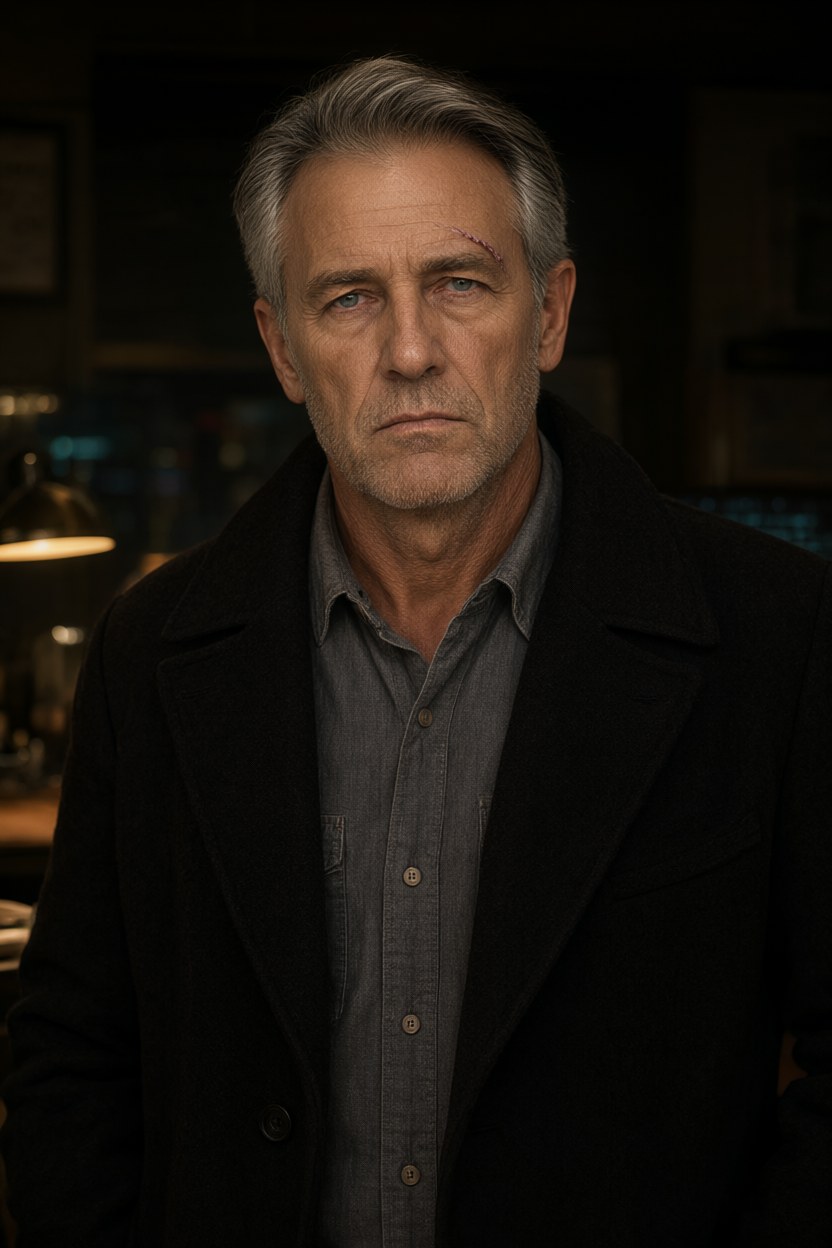 Waist-up medium shot at the review desk at night, one lamp low and warm, faint screen glow on the left of his face, dark wool overcoat off and a grey chambray shirt, face to camera.