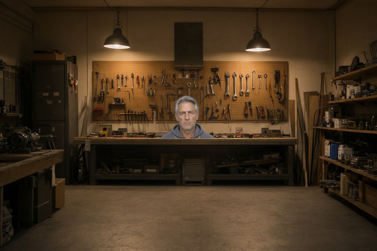 Across the workshop, small in frame at the far end of the long bench under two hanging lamps, tools and pegboard filling the wall, flat warm light, one person only in the room.