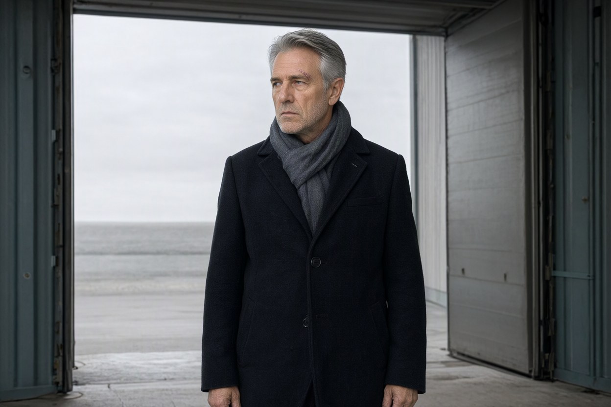 In an open loading doorway with flat grey daylight behind him and concrete underfoot, dark wool overcoat and grey scarf, looking out of the frame to his left.
