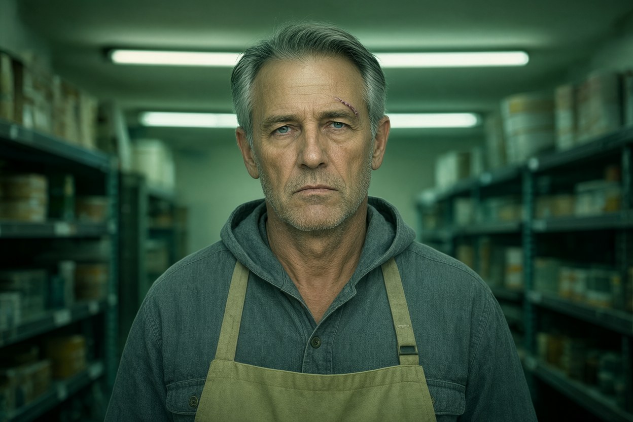 Hard overhead fluorescent light in a plain hardware aisle, cool green cast, face to camera, grey chambray work shirt, canvas apron.